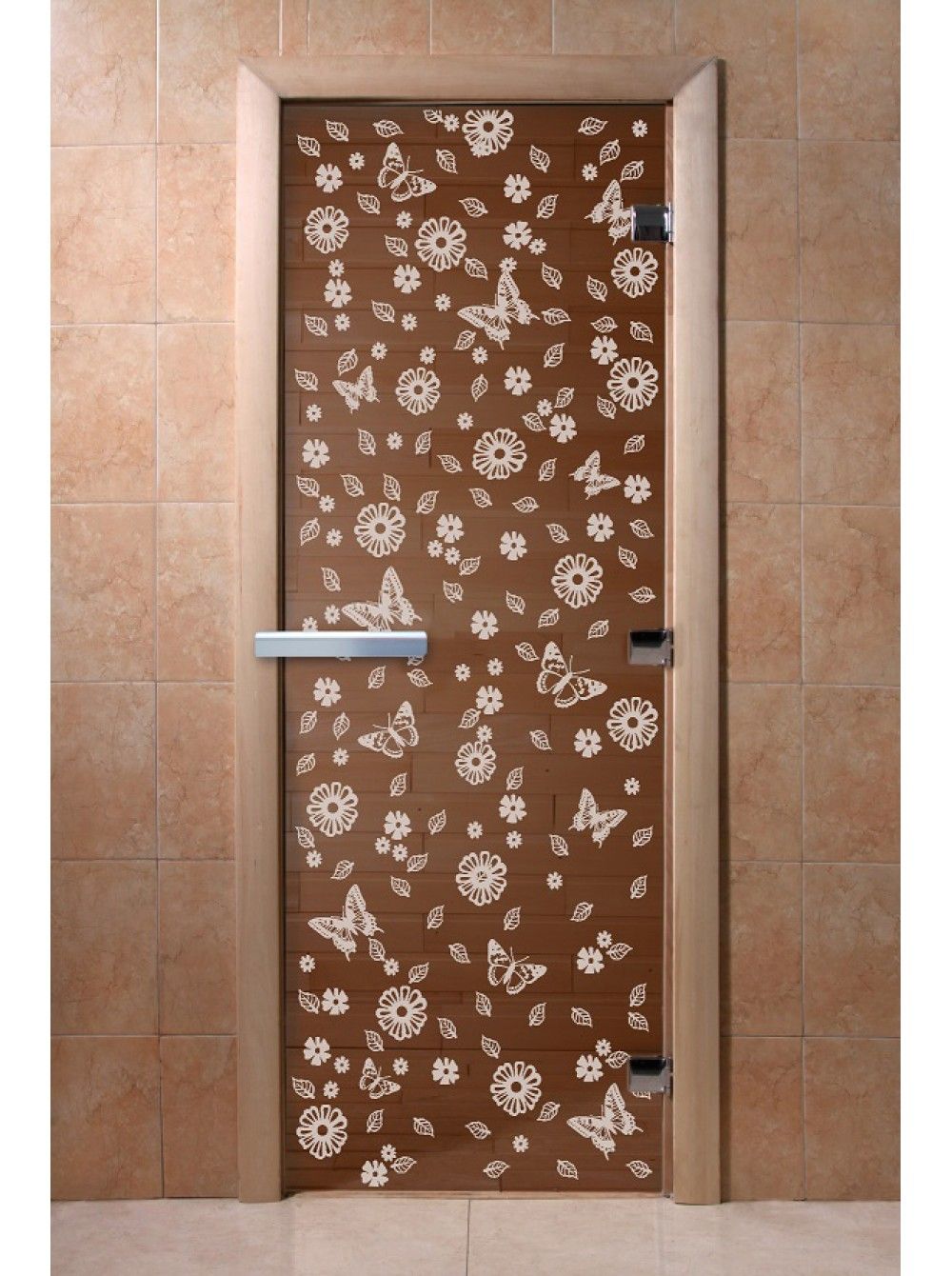 Дверь для бани и сауны Doorwood "Цветы и бабочки бронза"