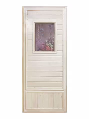 Дверь для бани и сауны Doorwood "Вагонка эконом" со стеклом Девушка в баньке