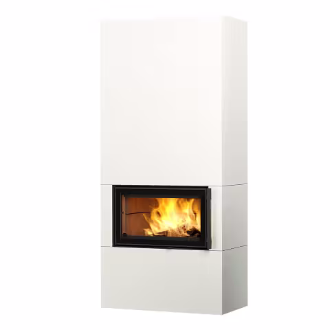 Дровяной камин SARAMO S LUX 21 T Туликиви SATIN WHITE, 2100мм, верхнее подключение, односторонняя дверца