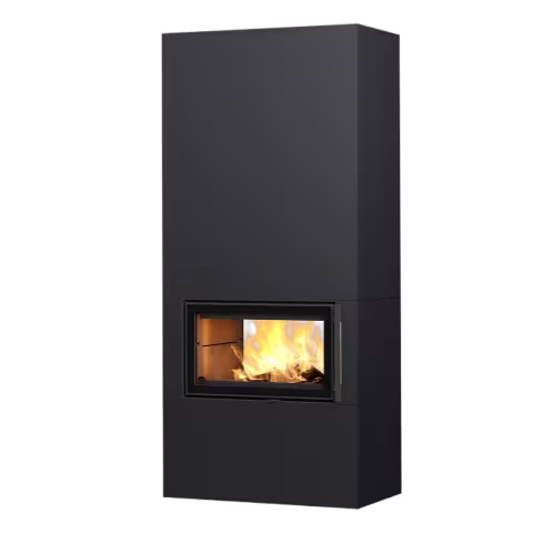 Дровяной камин SARAMO S LUX 21 T Туликиви SATIN BLACK, 2100мм, верхнее подключение, двухсторонняя дверца