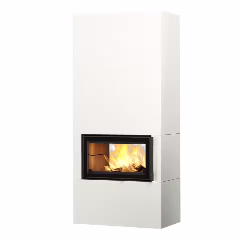 Дровяной камин SARAMO S LUX 21 T Туликиви SATIN WHITE, 2100мм, верхнее подключение, двухсторонняя дверца