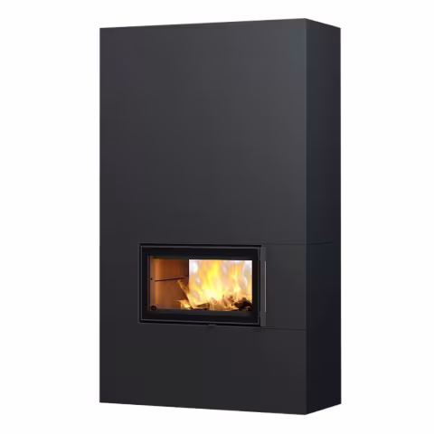Дровяной камин SARAMO STRUCTURE 21 Туликиви SATIN BLACK, 2100мм, нижнее подключение, двухсторонняя дверца
