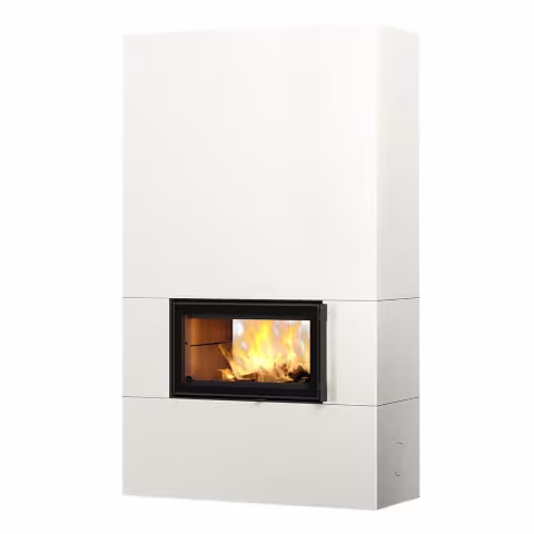 Дровяной камин SARAMO STRUCTURE 21 Туликиви STRUCTURE WHITE, 2100мм, верхнее подключение, двухсторонняя дверца