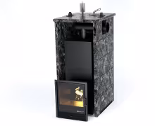 Дровяная печь EASYSTEAM Геленджик (в трехстороннем кожухе с боковым подключением) сталь AISI 430 подготовка под ГГУ пироксенит