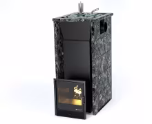 Дровяная печь EASYSTEAM Геленджик (в трехстороннем кожухе с открытым верхом с боковым подключением) сталь AISI 430 подготовка под ГГУ пироксенит